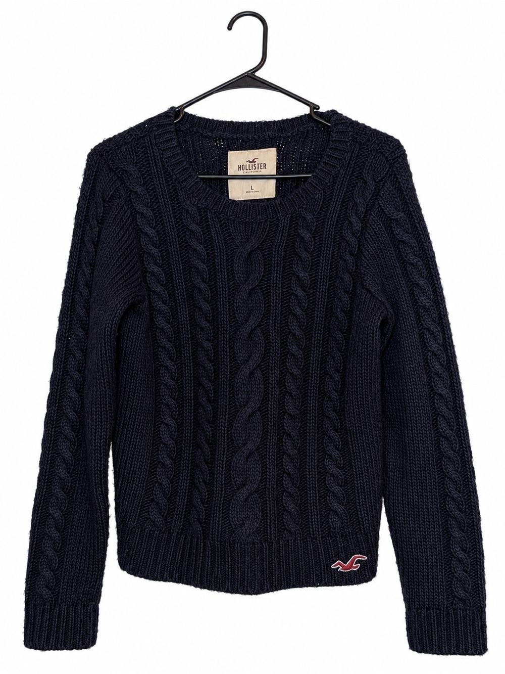 Hollister Navy Cable Knit Wool Blend Sweater Large Embroidered Logo